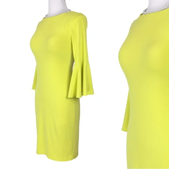 Calvin Klein Yellow Sheath Peplum Bell 3/4 Sleeve Midi Dress  size 2 - Picture 2 of 11